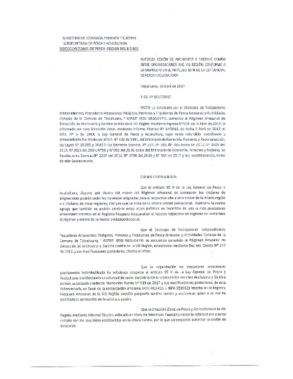 Res. Ex. N° 17-2017 (DZP VIII) Autoriza Cesión Merluza común, VIII Región.