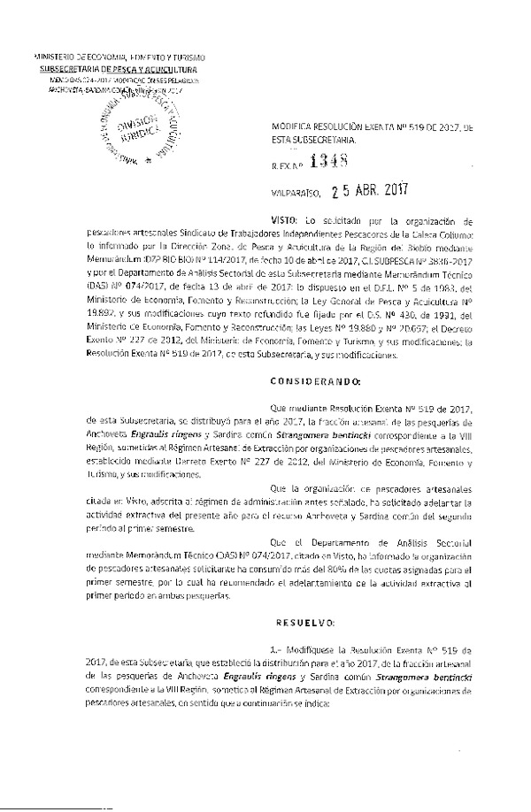 Res. Ex. N° 1348-2017 Modifica Res. Ex. N° 519-2017 Distribución de la fracción Artesanal de Pesquería de Anchoveta y Sardina común en la VIII Región, año 2017 (Publicado en Página Web 25-04-2017)
