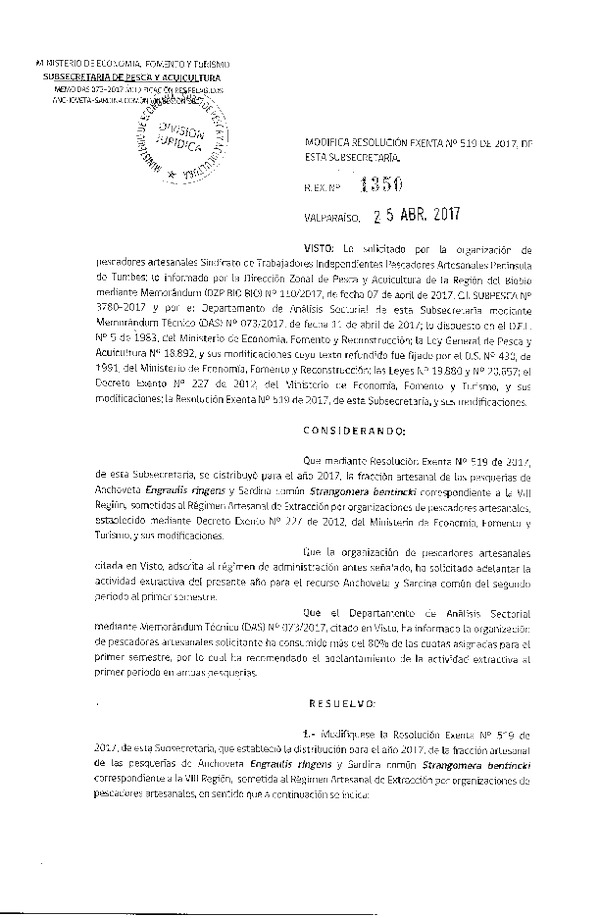 Res. Ex. N° 1350-2017 Modifica Res. Ex. N° 519-2017 Distribución de la fracción Artesanal de Pesquería de Anchoveta y Sardina común en la VIII Región, año 2017 (Publicado en Página Web 25-04-2017)