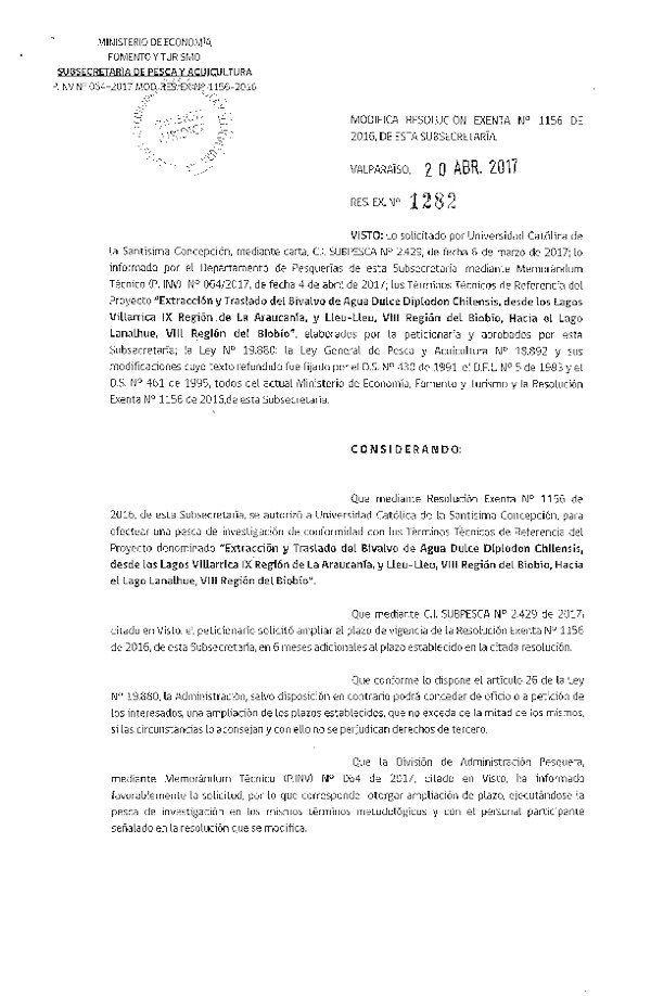 Res. EX. N° 1282-2017 Modifica Res. Ex. N° 1156-2016 Extracción y traslado de Bivaldos de agua dulce Diplodon Chilensis, lago Villarrica IX Región y Lleu Lleu, VIII Región.