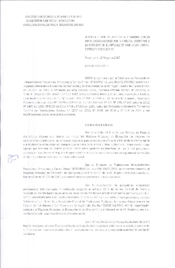 Res. Ex. N° 28-2017 (DZP VIII) Autoriza Cesión Anchoveta y sardina común, VIII Región.