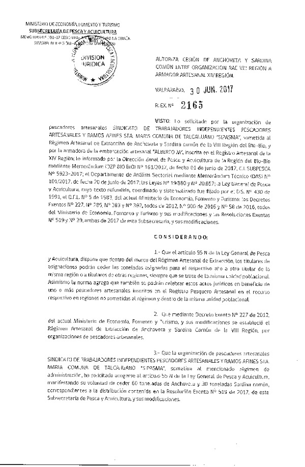 Res. Ex. N° 2165-2017 Autoriza cesión de Anchoveta y Sardina Común, VIII a XIV Región.