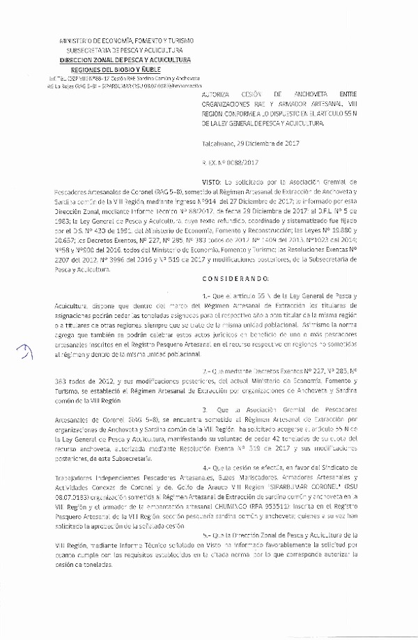 Res. Ex. N° 88-2017 (DZP VIII) Autoriza Cesión Sardina común, VIII Región.