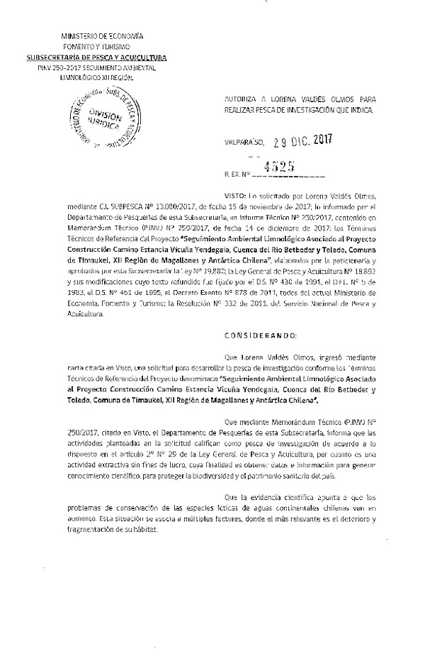 Res. Ex. N° 4525-2017 Seguimiento ambiental limnológico XII Región.