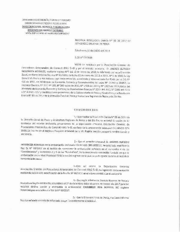 Res. Ex. N° 1-2018 Modifica Res. Ex. N° 88-2017 (DZP VIII) Autoriza Cesión Sardina común, VIII Región.