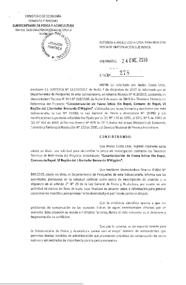 Res. Ex. N° 278-2018 Caracterización de fauna íctica, VI Región.