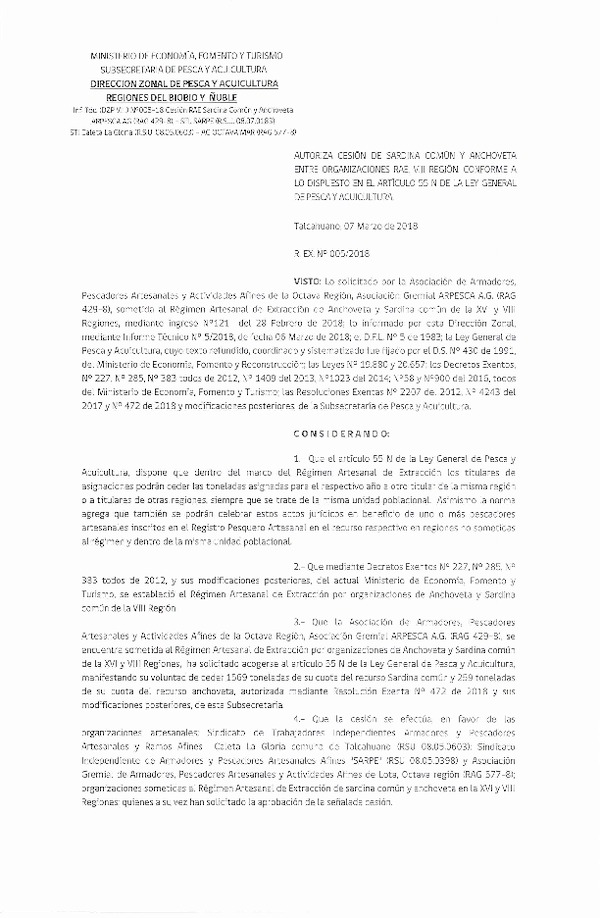 Res. Ex. N° 5-2018 (DZP VIII) Autoriza Cesión Anchoveta y Sardina común, VIII Región.