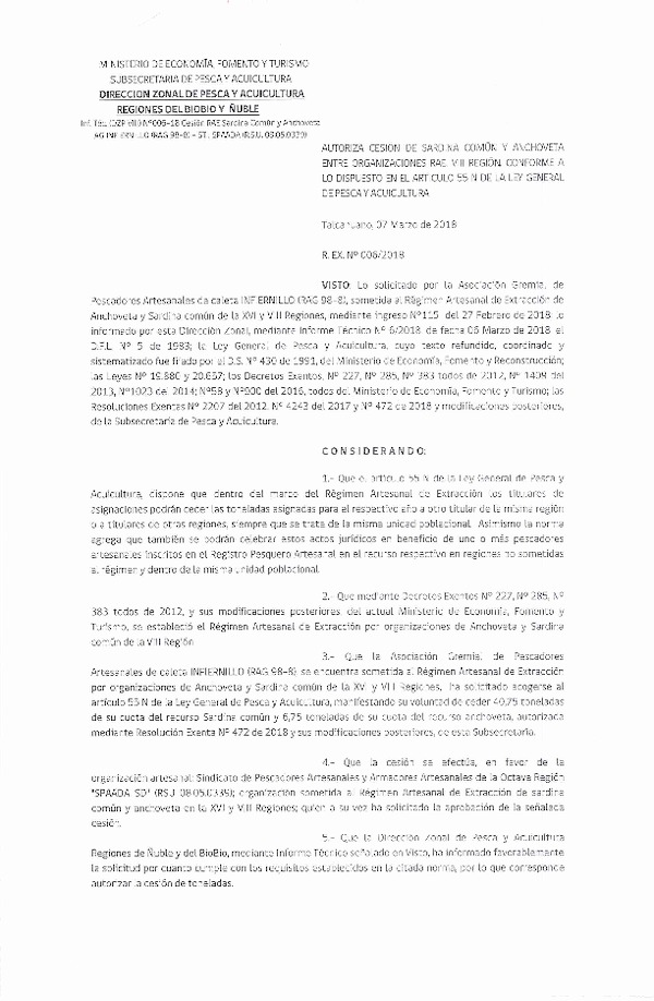 Res. Ex. N° 6-2018 (DZP VIII) Autoriza Cesión Anchoveta y Sardina común, VIII Región.