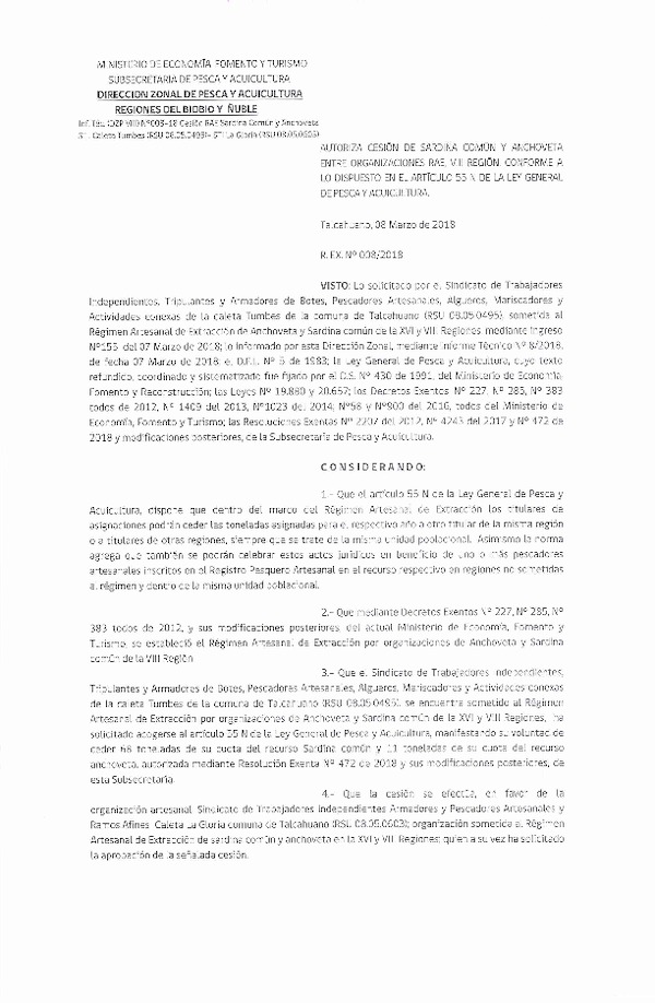 Res. Ex. N° 8-2018 (DZP VIII) Autoriza Cesión Anchoveta y Sardina común, VIII Región