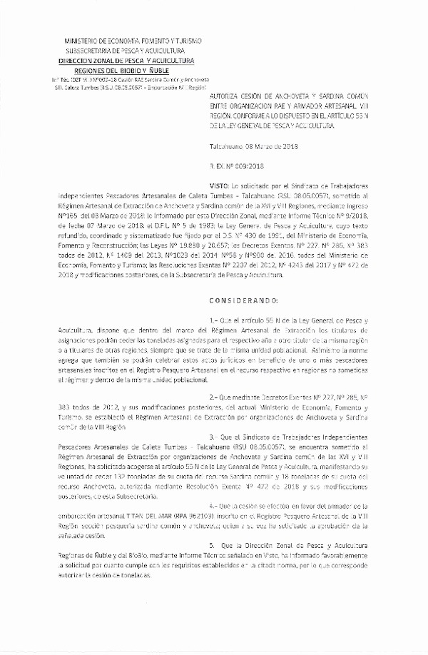 Res. Ex. N° 9-2018 (DZP VIII) Autoriza Cesión Anchoveta y Sardina común, VIII Región