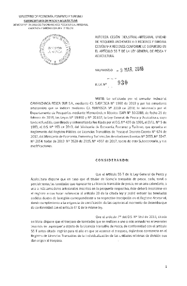Res. Ex. N° 930-2018 Autoriza cesión Anchoveta y Sardina común IX-XIV Región.