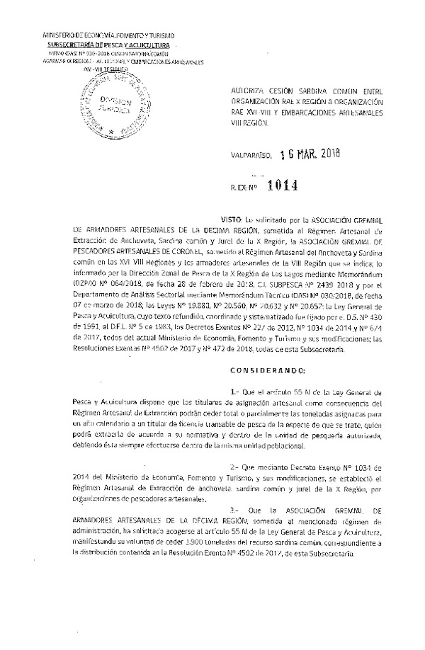 Res. Ex. N° 1014-2018 Autoriza cesión sardina común XIV-VIII Regiones.