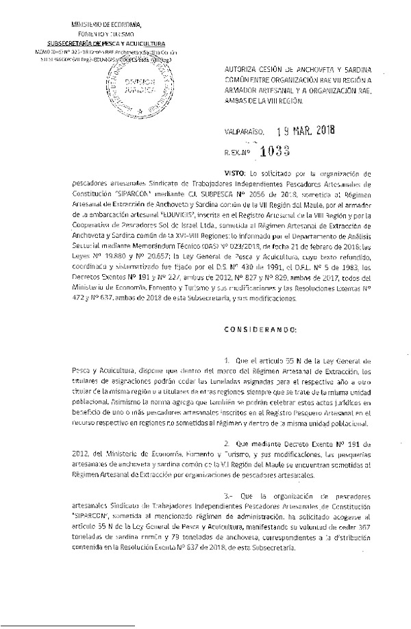 Res. Ex. N° 1033-2018 Autoriza cesión Anchoveta y Sardina común VII a VIII Regiones.