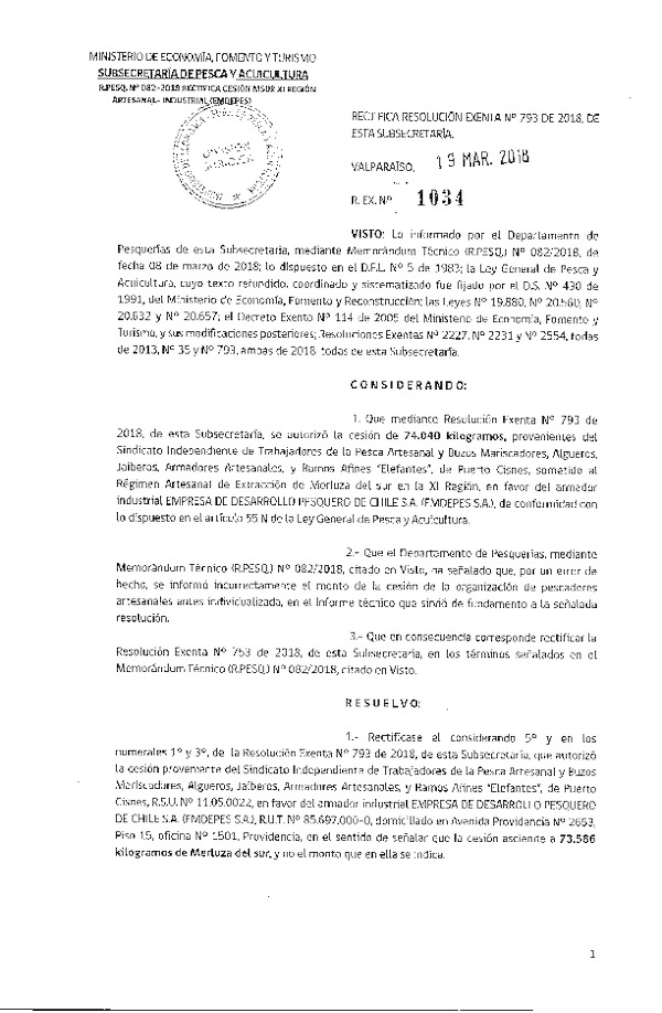 Res. Ex. N° 1034-2018 Rectifica Res. Ex. N° 793-2018 Cesión Merluza del sur XI Región.