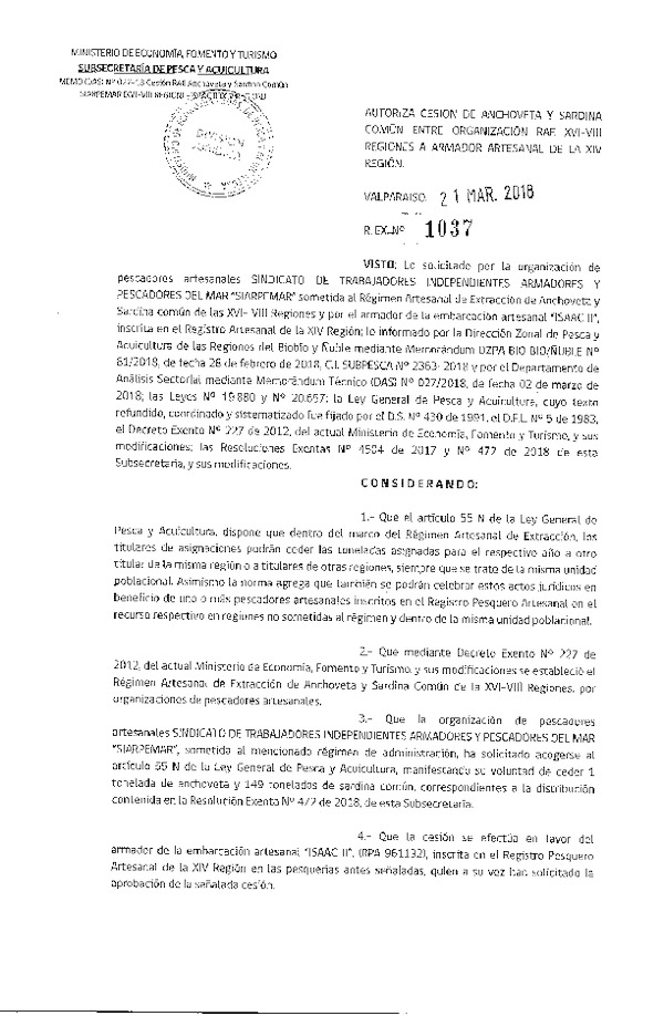 Res. Ex. N° 1037-2018 Autoriza cesión Anchoveta y Sardina Común, Región Ñuble y Biobío a Región de Los Ríos.