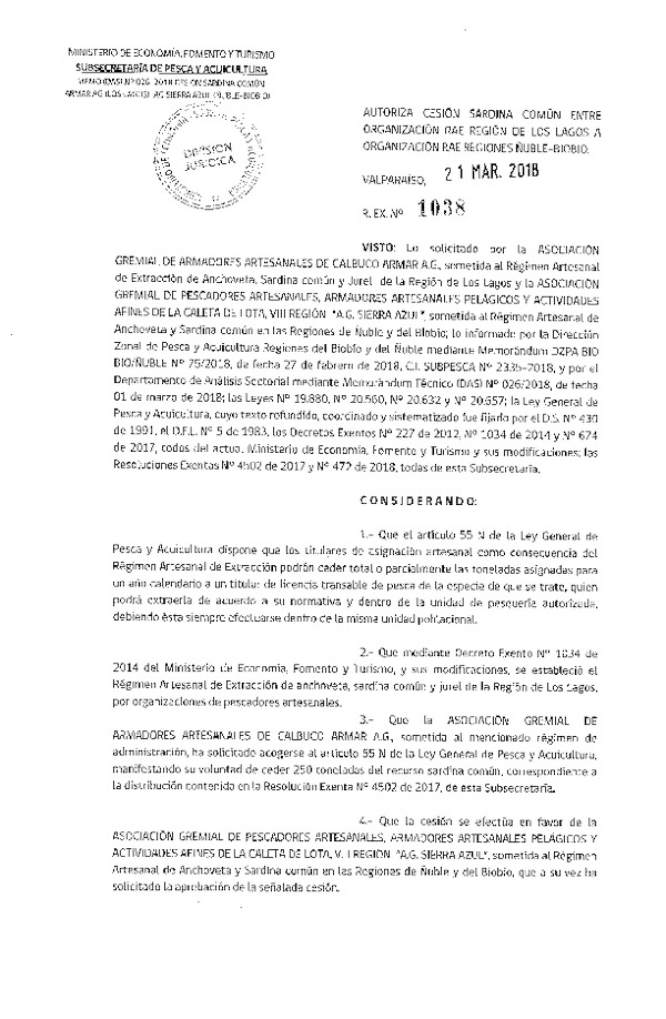 Res. Ex. N° 1038-2018 Autoriza cesión Sardina Común, Región de Los Lagos a Región de Ñuble y Biobío.