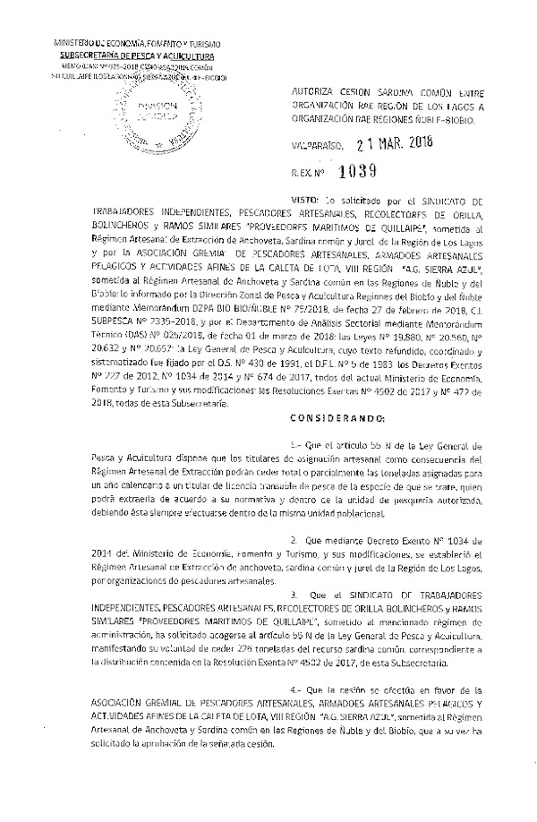 Res. Ex. N° 1039-2018 Autoriza cesión Sardina Común, Región de Los Lagos a Región de Ñuble y Biobío.