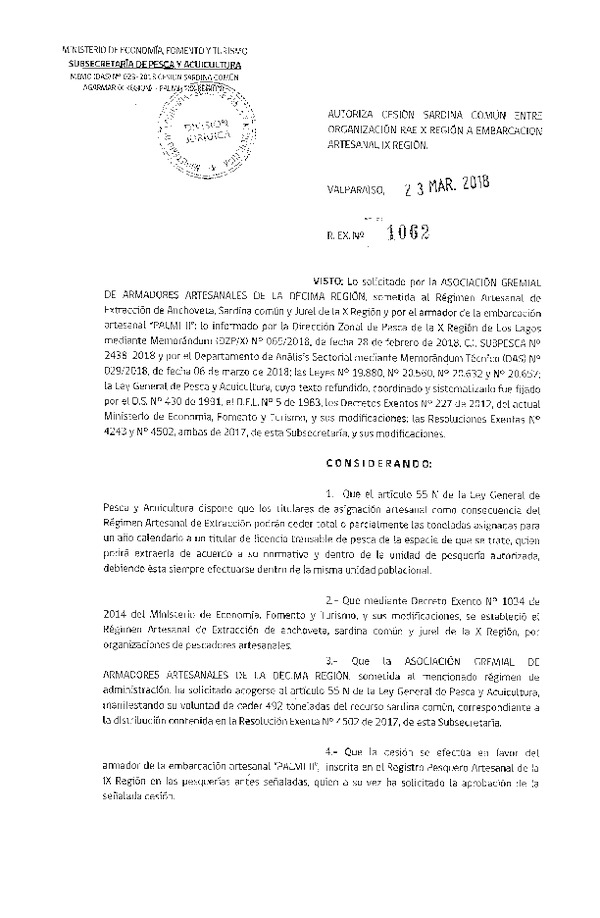 Res. Ex. N° 1062-2018 Autoriza cesión Sardina Común, Región de Los Lagos.