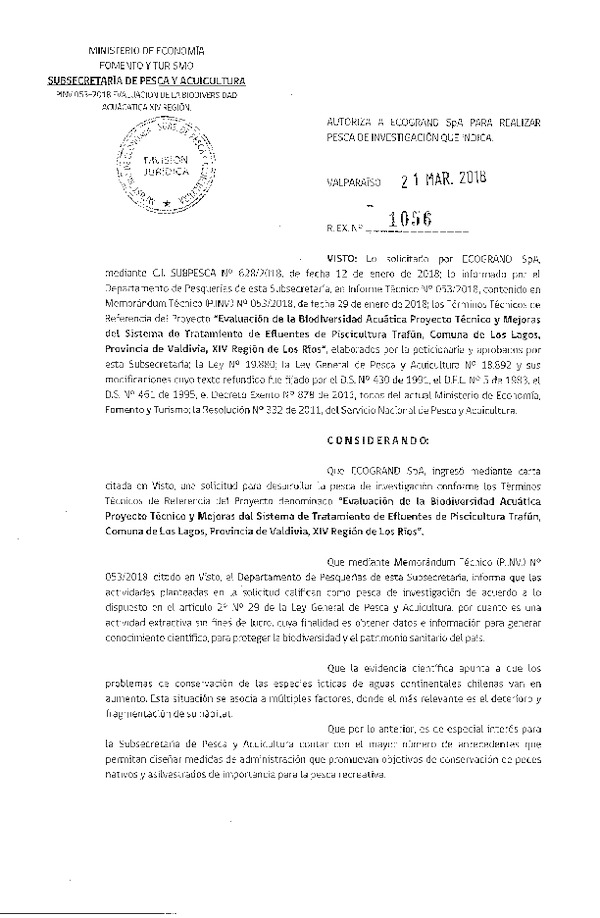 Res. Ex. N° 1056-2018 Evaluación de la biodiversidad acuática, Región de Los Ríos.