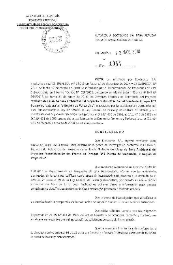 Res. Ex. N° 1057-2018 Estudio de línea de base ambiental, Región de Valparaíso.