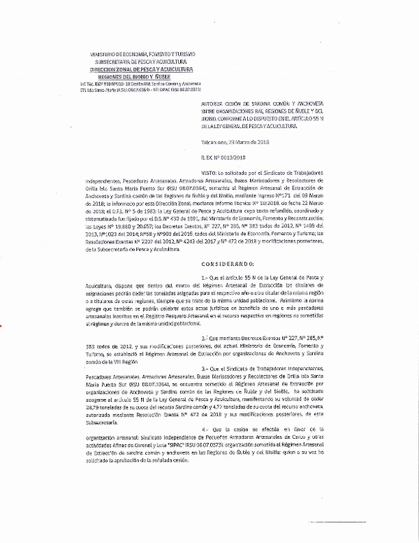 Res. Ex. N° 10-2018 (DZP VIII) Autoriza Cesión Anchoveta y Sardina común, Regiones de Ñuble y del Biobío.
