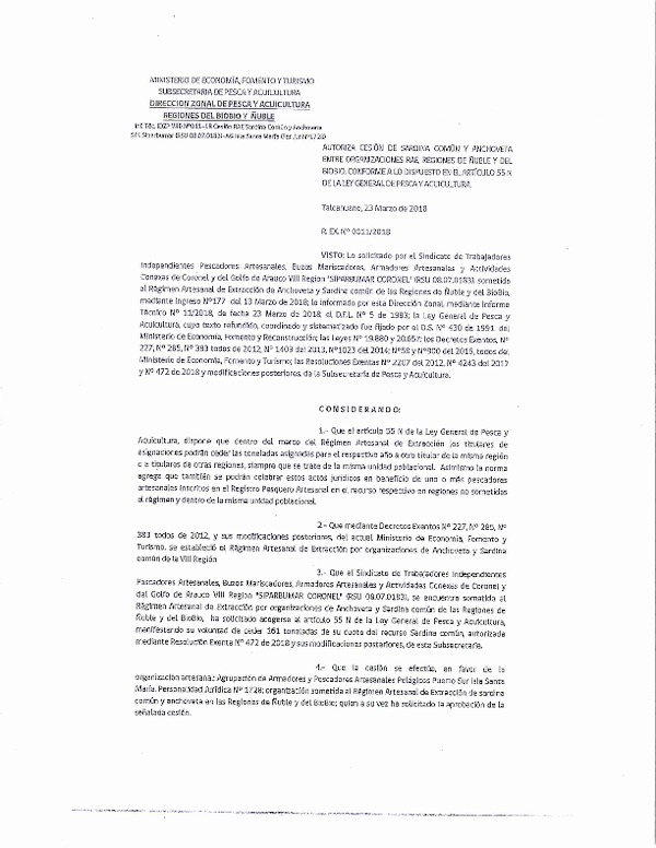 Res. Ex. N° 11-2018 (DZP VIII) Autoriza Cesión Anchoveta y Sardina común, Regiones de Ñuble y del Biobío.