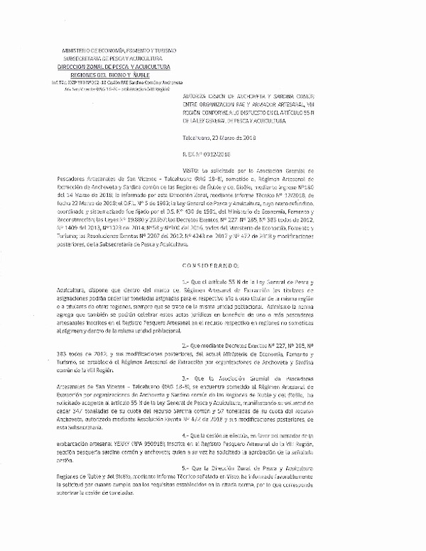 Res. Ex. N° 12-2018 (DZP VIII) Autoriza Cesión Anchoveta y Sardina común, Región del Biobío.