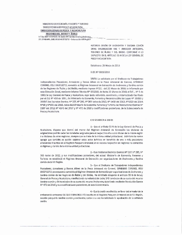 Res. Ex. N° 15-2018 (DZP VIII) Autoriza Cesión Anchoveta y Sardina común, Regiones de Ñuble y del Biobío.