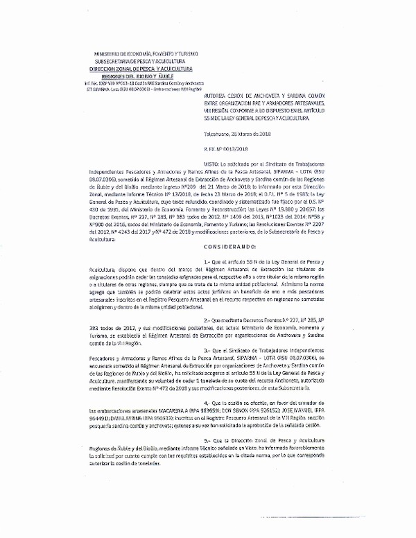 Res. Ex. N° 13-2018 (DZP VIII) Autoriza Cesión Anchoveta y Sardina común, Región del Biobío.