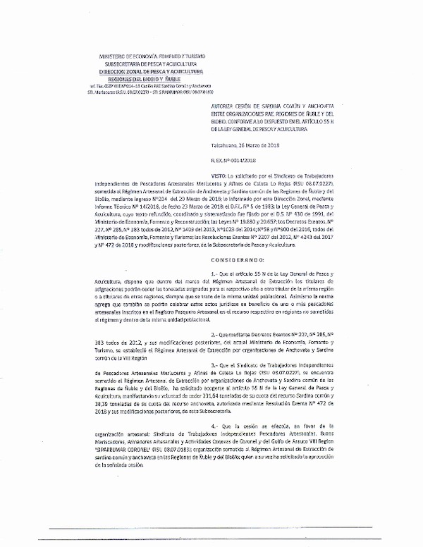 Res. Ex. N° 14-2018 (DZP VIII) Autoriza Cesión Anchoveta y Sardina común, Regiones de Ñuble y del Biobío.
