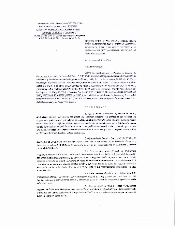 Res. Ex. N° 16-2018 (DZP VIII) Autoriza Cesión Anchoveta y Sardina común, Regiones de Ñuble y del Biobío.