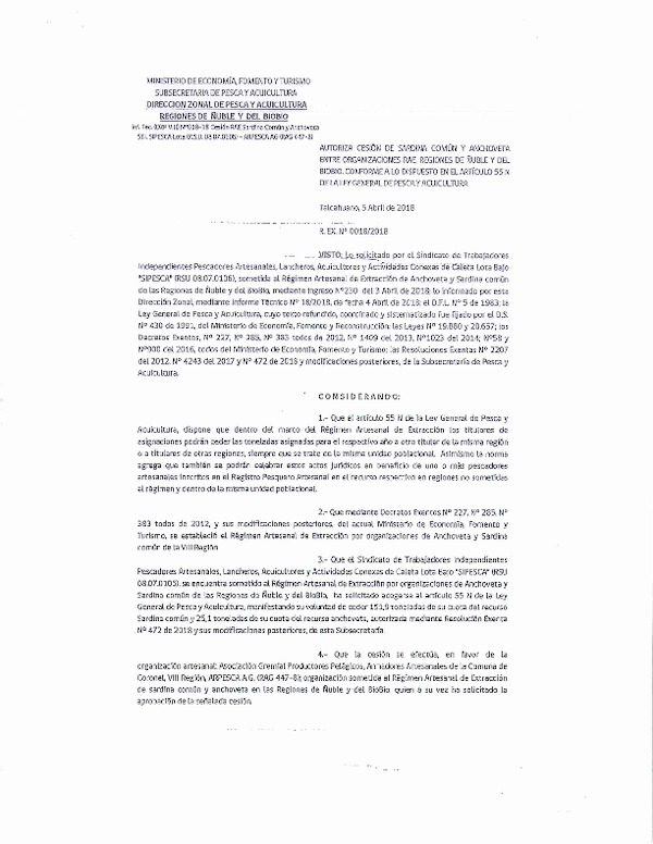 Res. Ex. N° 18-2018 (DZP VIII) Autoriza Cesión Anchoveta y Sardina común, Regiones de Ñuble y del Biobío.