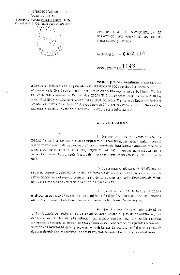 Res. Ex. N° 1143-2018 Aprueba plan de administración de ECMPO, Buta Lauquén Mapu, X Región. (Publicado en Página Web 06-04-2018)