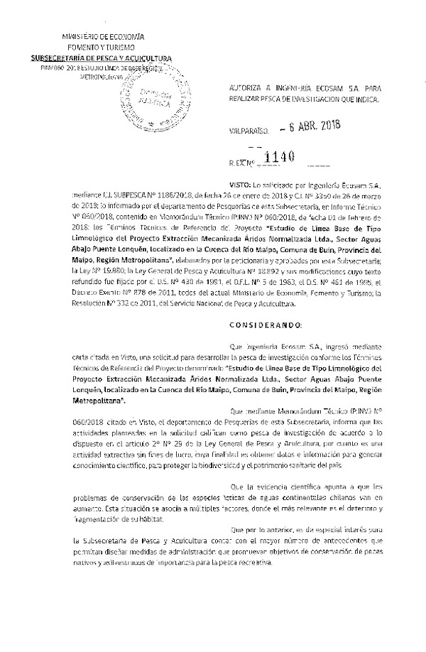 Res. Ex. N° 1140-2018 Estudio línea base tipo limnológico, Región Metropolitana.
