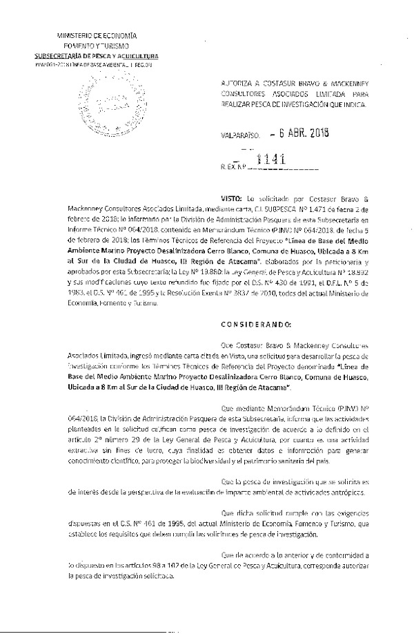 Res. Ex. N° 1141-2018 Línea de base del medio ambiente marino, Región de Atacama.