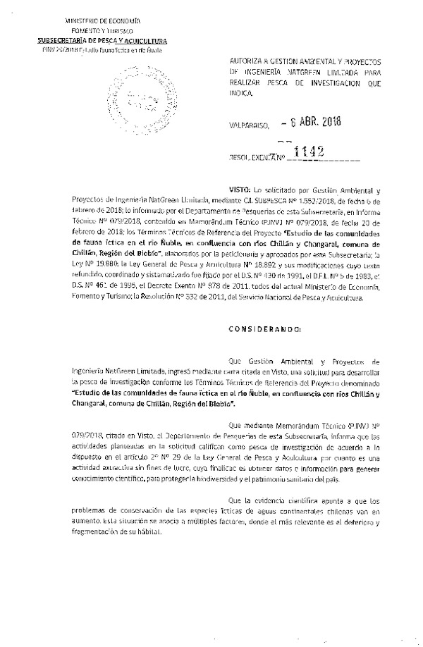Res. Ex. N° 1142-2018 Estudio de comunidades fauna íctica, Región del Biobío.