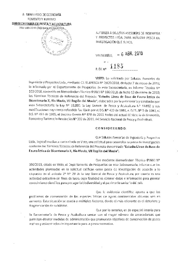 Res. Ex. N° 1185-2018 Estudio línea de base fauna íctica, Región del Maule.