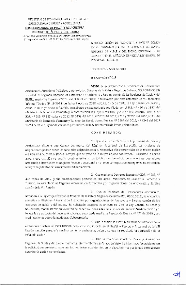 Res. Ex. N° 19-2018 (DZP VIII) Autoriza Cesión Anchoveta y Sardina común, Regiones de Ñuble y del Biobío.