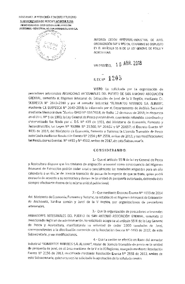 Res. Ex. N° 1205-2018 Autoriza cesión jurel, Región de Valparaíso.
