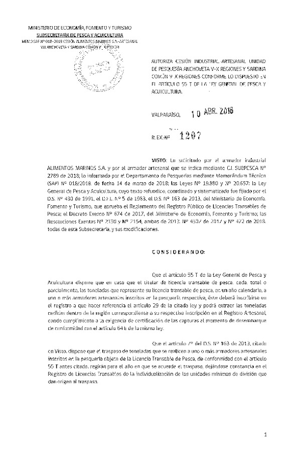 Res. Ex. N° 1207-2018 Autoriza cesión Anchoveta, Región del Biobío.