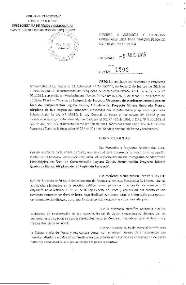 Res. Ex. N° 1202-2018 Programa de monitoreo limnológico, Región de Tarapacá.