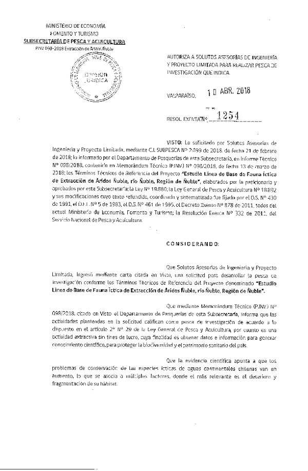 Res. Ex. N° 1254-2018 Estudio línea base de fauna íctica de extracción de áridos, Región de Ñuble.
