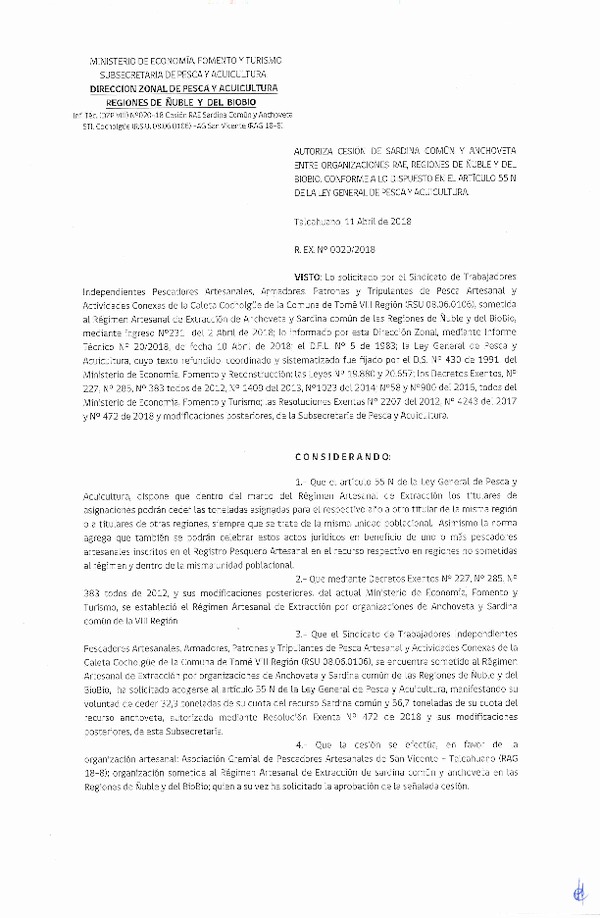 Res. Ex. N° 20-2018 (DZP VIII) Autoriza Cesión Anchoveta y Sardina común, Regiones de Ñuble y del Biobío.