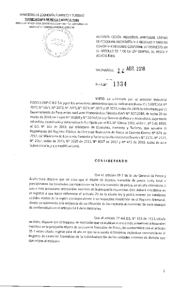 Res. Ex. N° 1334-2018 Autoriza cesión Anchoveta y Sardina común VIII Región.