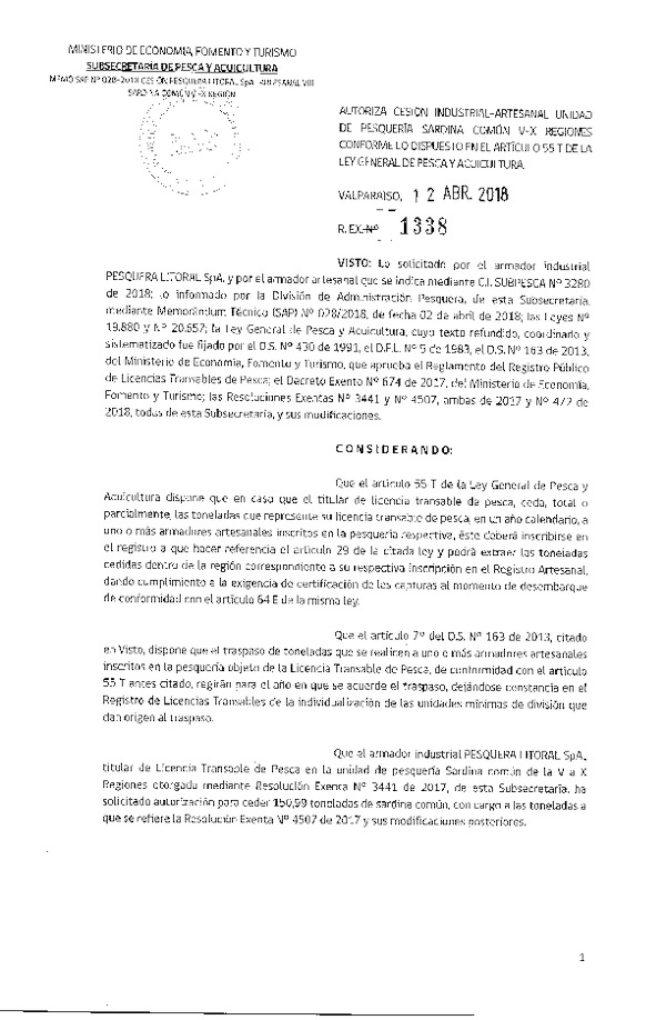 Res. Ex. N° 1338-2018 Autoriza cesión Sardina común VIII Región.