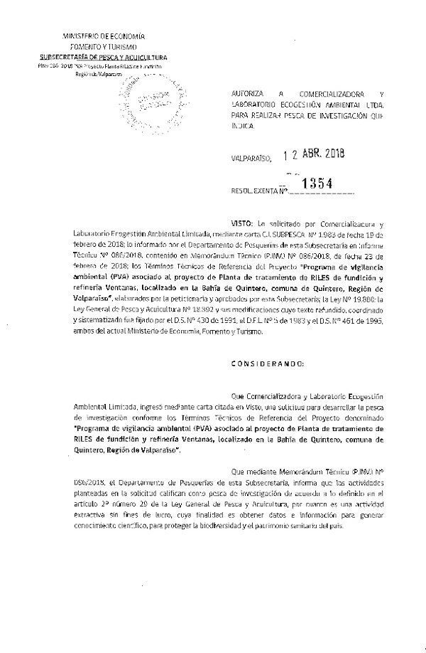 Res. Ex. N° 1354-2018 Programa de vigilancia, Región de Valparaíso.