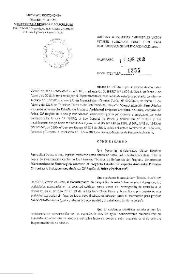 Res. Ex. N° 1355-2018 Caracterización limnológica, Región Arica y Parinacota.
