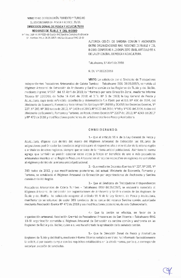 Res. Ex. N° 22-2018 (DZP VIII) Autoriza Cesión Anchoveta y Sardina común, Regiones de Ñuble y del Biobío.