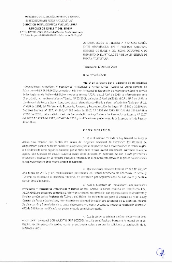 Res. Ex. N° 23-2018 (DZP VIII) Autoriza Cesión Anchoveta y Sardina común, Regiones de Ñuble y del Biobío.