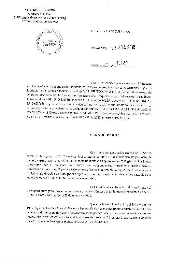 Res. Ex. N° 1327-2018 Prorroga Plan de Manejo.
